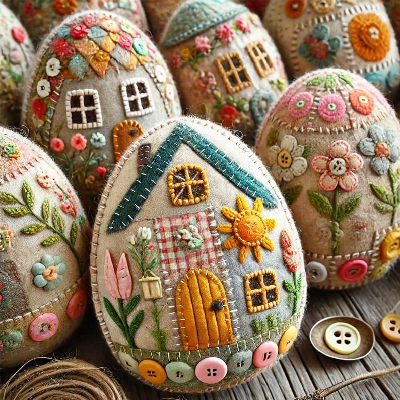 Pootelifys Patchwork Felt Egg House DIY Kit, Hand-Embroidered Felt Easter Egg Kit (with Material Pack),Home Easter Party Decoration Supplies (A) - Image 2