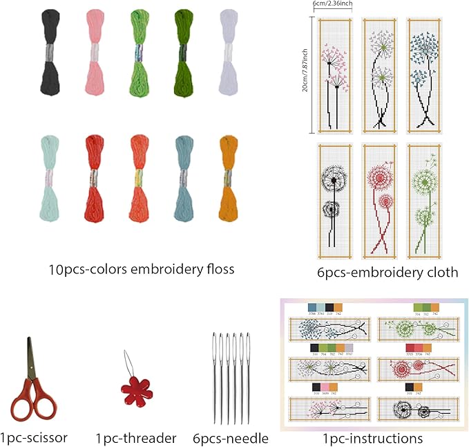 FREEBLOSS 6 Set Cross Stitch Bookmark Kit Dandelion Pattern Counted Cross Stitch Kit with Instruction Embroidery Bookmarks for DIY Embroidery Kit for Adults 8''x2.4''