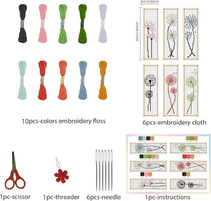 FREEBLOSS 6 Set Cross Stitch Bookmark Kit Dandelion Pattern Counted Cross Stitch Kit with Instruction Embroidery Bookmarks for DIY Embroidery Kit for Adults 8''x2.4''