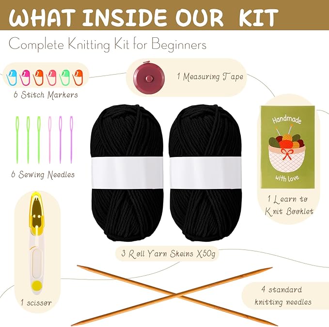 GliCraft Knitting Kit for Beginners Learn to Knit Kit for Adults Gloves Starter Bundle with Step-by-Step Instructions Includes Wool Yarn, Needles & Accessories(Black)