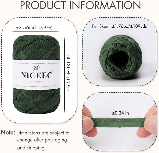 NICEEC 6 Skeins Soft Tape Yarn, Easy Crohcet Raffia, Crochet & Knitting, Paper Ribbon Yarn for DIY Craft Gift Wrapping Total Length 1.76oz×6/109yds×6 - Green