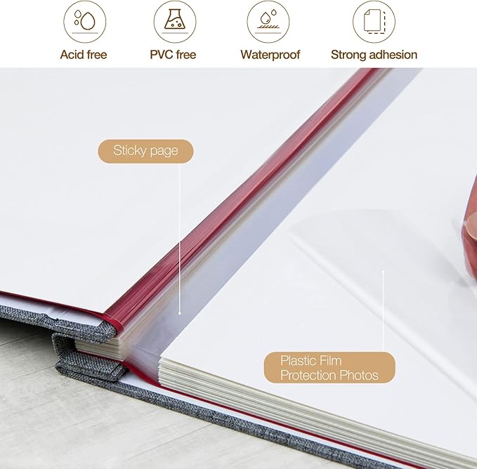 potricher 13.2x12.8 Inch Self Adhesive Photo Album Linen Cover 80 Pages Sticky 3x5 4x6 5x7 6x8 8x10 8.5x11 Magnetic DIY Scrapbook Photo Album with A Metallic Pen (Gray)