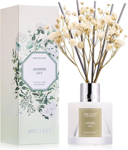 Airkeep Reed Diffuser Set, 3.38 fl oz (100 ml) - Jasmine Lily Lemon Oil Diffusers with 8 Reed Sticks, Home Fragrance Reed Diffuser for Bathroom Shelf Decor