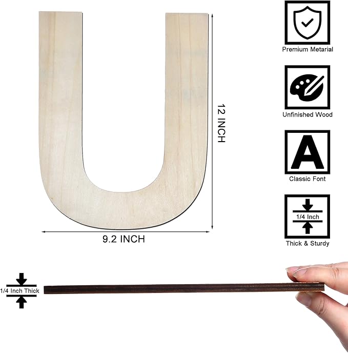 12 Inch Wooden Letter U, 1/4 Inch Thick Large Unfinished Wood Letter for Home Wall Decor, DIY Crafts