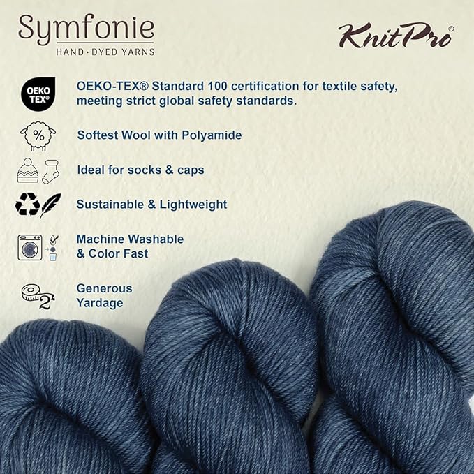 KnitPro Symfonie Hand Dyed Yarn | Extra Fine Merino Wool & Polyamide Blend for Knitting & Crocheting, Fingering Weight, Oeko-TEX Certified 400m, 100g Skein | Terra Semi-Solid Jodhpur Blue