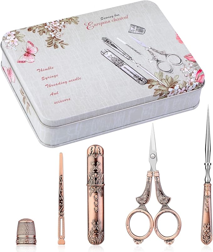 BUTUZE Embroidery Scissors Kit, European Antique Vintage Sewing Kit, Complete Vintage Sewing Tools with Embroidery Scissors,Original Case,Sewing Needle Case, Awl for Sewing, Craft, Needlework