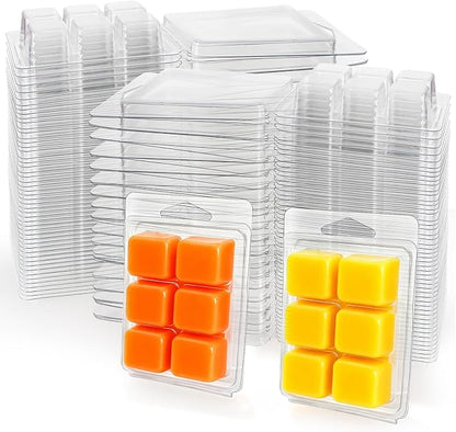 Jucoan 100 Pack Plastic Wax Melt Clamshell Mold, 6 Cavity Square Clear Wax Melt Molds Containers for DIY Wax Melt Candle Soap Craft Wedding Party Favor