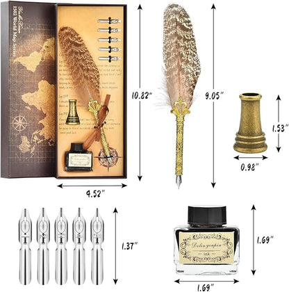 Hethrone Quill Pen Ink Set - Calligraphy Pens Includes Feather Pen, Pen Holder and 5 Replacement Nibs Holiday Ideal Gifts (Brown)