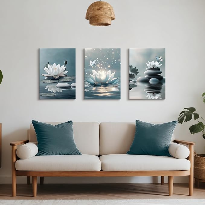 WENGTIAO 3Pcs Zen Stones Canvas Wall Art Prints Calm White Lotus Floral Bloom in Water Pictures Posters Butterfly Paintings Spiritual Meditation Artwork for Spa Yoga Living Room Bedroom Office 16x24x3