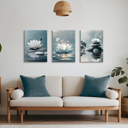 WENGTIAO 3Pcs Zen Stones Canvas Wall Art Prints Calm White Lotus Floral Bloom in Water Pictures Posters Butterfly Paintings Spiritual Meditation Artwork for Spa Yoga Living Room Bedroom Office 16x24x3