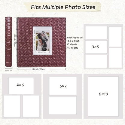 RECUTMS Scrapbook Photo Album for Any Sizes 4x6 5x7 8x10 DIY Photo Album Self Adhesive 30 Pages Button Grain Leather Picture Album Baby Family Wedding Anniversary Photos Book (Wine Red)