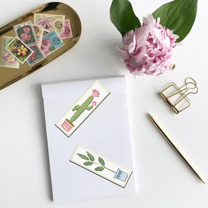 FREEBLOSS 6 Set Cross Stitch Bookmark Kit Green Plants Patterned Embroidery Bookmarks with Instruction Cross Stitch Kits for Adults 8''x2.4''