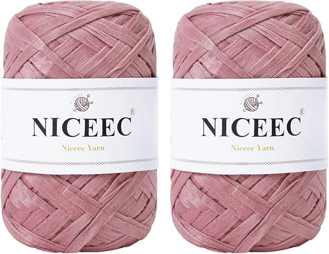 NICEEC 2 Skeins Soft Tape Yarn, Easy Crohcet Raffia, Crochet & Knitting, Paper Ribbon Yarn for DIY Craft Gift Wrapping Total Length 1.76oz×2/109yds×2 - Pink