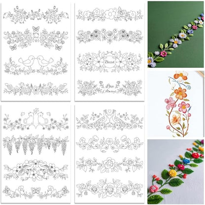 ORIGACH 4 Sheets 16 Pcs Water Soluble Pillowcase Embroidery Patterns Stabilizers - Pre-Printed Floral Vines & Animals Designs - Stick & Stitch Embroidery Paper for Hand Sewing Lovers