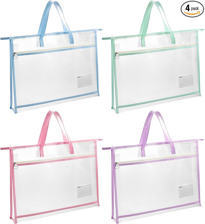 4 Pcs A4 Portable Project Bags for Quilting, Clear Mesh Sewing Project Bag with Zipper Handle Clear Design Art Supply Bag for Quilting Knitting Stitching Artworks Embroidery