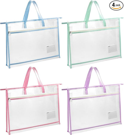 4 Pcs A4 Portable Project Bags for Quilting, Clear Mesh Sewing Project Bag with Zipper Handle Clear Design Art Supply Bag for Quilting Knitting Stitching Artworks Embroidery