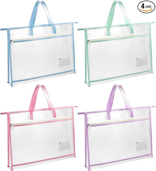 4 Pcs A4 Portable Project Bags for Quilting, Clear Mesh Sewing Project Bag with Zipper Handle Clear Design Art Supply Bag for Quilting Knitting Stitching Artworks Embroidery