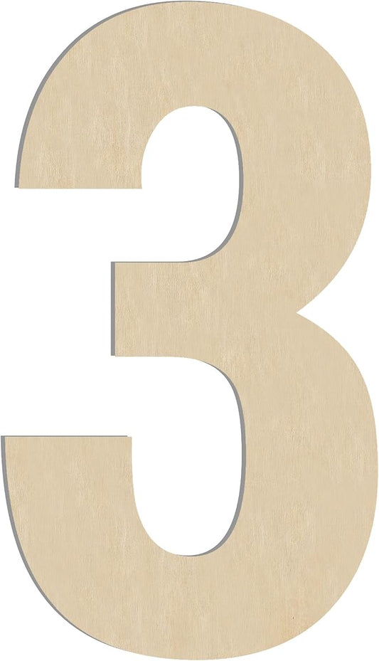 HILAZA 17 Inch Large Wooden Number 3, 1/4 in Thick Big Wood Letter for Wall Decor Crafts