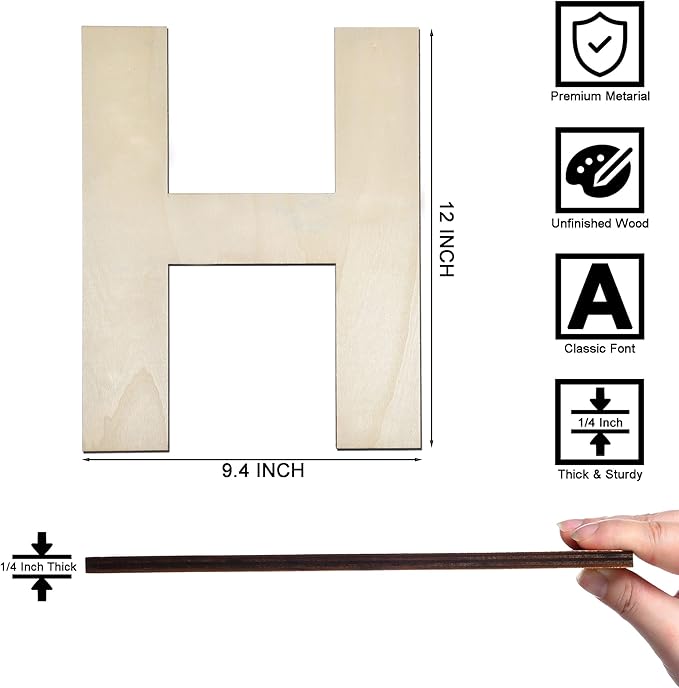 12 Inch Wooden Letter H, 1/4 Inch Thick Large Unfinished Wood Letter for Home Wall Decor, DIY Crafts