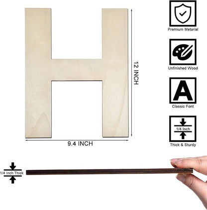 12 Inch Wooden Letter H, 1/4 Inch Thick Large Unfinished Wood Letter for Home Wall Decor, DIY Crafts