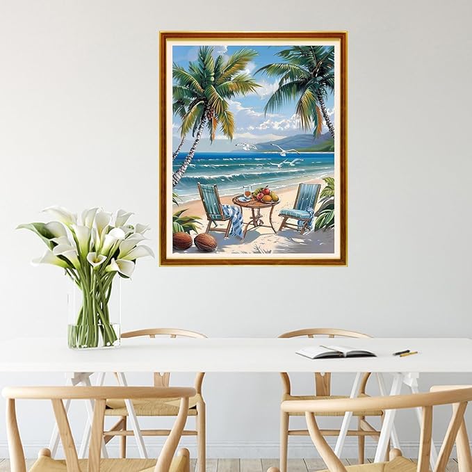 Joycasa Stamped Cross Stitch Kits for Beginners Full Range of Cross Stitching 11 CT Printed Cross Stitch Kit for Adults Cross-Stitch Patterns Needlepoint Kits-Afternoon Tea by The Sea 16x20 inchs