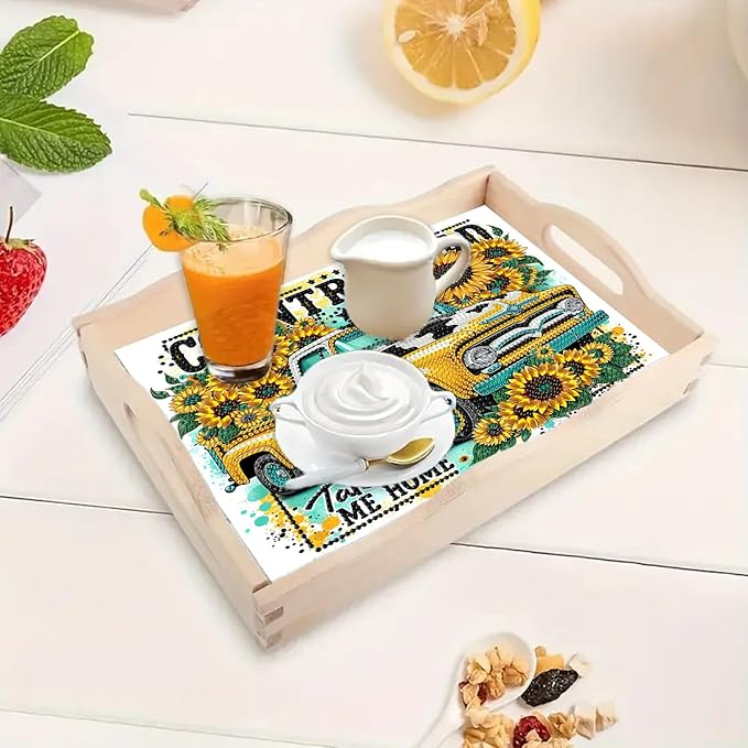 DoxQcs DIY Diamond Art Wooden Tray Kit Easter Food Tray with Handle Diamond Painted Table Decoration Tray for Breakfast Bar Dinner Table Diamond Art Painting for Beginners-#02-Sunflower Car
