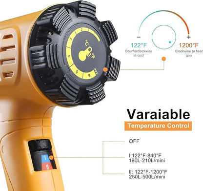 SEEKONE Heat Gun 1800W 122℉-1202℉（50℃- 650℃）Fast Heating Heavy Duty Hot Air Gun Kit Variable Temperature Control Overheat Protection with 4 Nozzles for Crafts, Shrinking PVC, Stripping Paint(5.2FT)