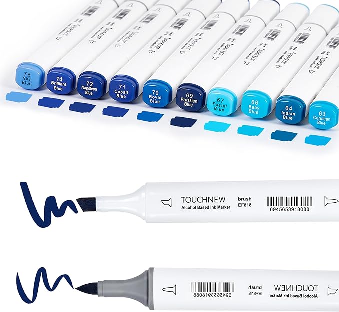 Liulich 10Pcs Alcohol Markers Pure Color Series,Dual Tip Soft Art Solid Color Markers Set for Adults Beginner Drawing Sketching (Blue)