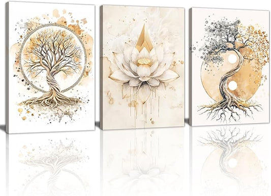 WENGTIAO 3Pcs Tree of Life Canvas Wall Art Prints Zen Lotus Pictures Posters Beige Yin Yang Fall Art Paintings Spiritual Meditation Artwork for Living Room Bedroom Spa Office Home Decor 12x16x3Pcs