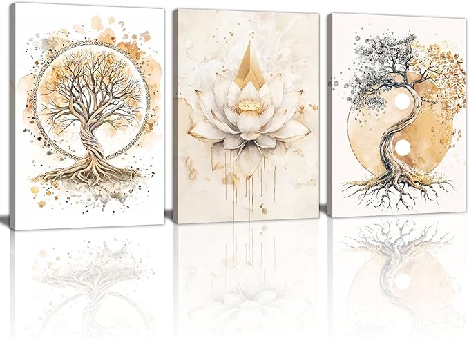 WENGTIAO 3Pcs Tree of Life Canvas Wall Art Prints Zen Lotus Pictures Posters Beige Yin Yang Fall Art Paintings Spiritual Meditation Artwork for Living Room Bedroom Spa Office Home Decor 16x24x3Pcs