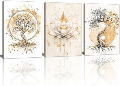 WENGTIAO 3Pcs Tree of Life Canvas Wall Art Prints Zen Lotus Pictures Posters Beige Yin Yang Fall Art Paintings Spiritual Meditation Artwork for Living Room Bedroom Spa Office Home Decor 16x24x3Pcs