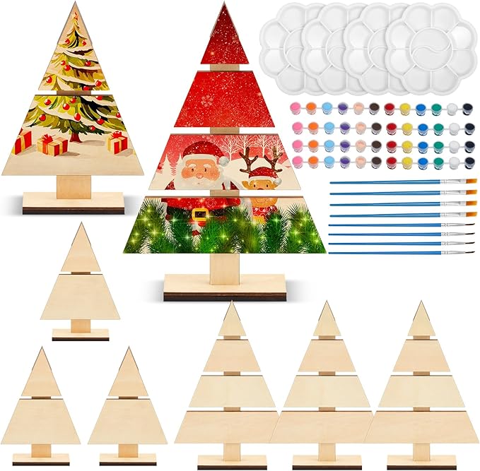 Soaoo 8 Pcs Christmas Standing Wood Pallet 8.66" x 6", 6" x 4" Christmas Tree Unfinished DIY Wooden Ornaments Kit Rustic Wooden Crafts 12 Colors Pigment Palettes and Paint Brushes