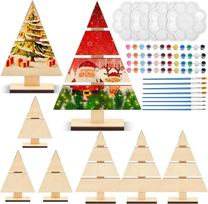 Soaoo 8 Pcs Christmas Standing Wood Pallet 8.66" x 6", 6" x 4" Christmas Tree Unfinished DIY Wooden Ornaments Kit Rustic Wooden Crafts 12 Colors Pigment Palettes and Paint Brushes