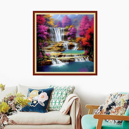 Foxdiviy Stamped Cross Stitch Kits Full Range of Embroidery Needlework Starter Kits for Beginners Adults 11CT Embroidery Patterns Art Crafts DIY Needlepoint Kits-Waterfall Scenery 18x18 inch