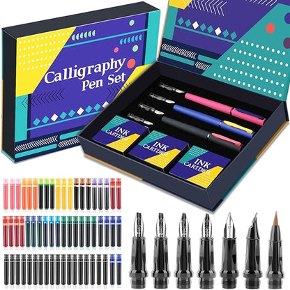 Aifeiter Calligraphy Pen set,Calligraphy Fountain Pens with 7 Different Replaceable Nibs with 60 Ink Cartridges(12 Colors),3 multi-functional color Fountain pens