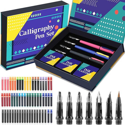 Aifeiter Calligraphy Pen set,Calligraphy Fountain Pens with 7 Different Replaceable Nibs with 60 Ink Cartridges(12 Colors),3 multi-functional color Fountain pens