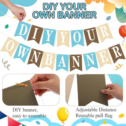 Mooliwe 171 Pcs DIY Custom Banner Kit Make Your Own Customizable Sign for Birthday Wedding Party Decoration Include 20 Paper Pennant 148 Letters and Numbers 1 Rope 2 Threading Device (Blue Brown)