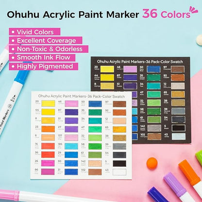 Ohuhu Acrylic Paint Markers Dual Tips: 36 Colors Fine & Dot Paint Pens High Opacity Acrylic Markers Waterproof Lightfast for Christmas Gifts Rock Painting 3D Prints Egg Wood Glass Ceramic DIY Crafts