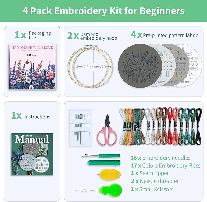 ETSPIL Embroidery Kit for Beginners, 4 Floral Patterns, Learn 33 Stitches, Pre-Printed Fabric, 7.8-Inch Hoop, Colored Threads and Needles, Easy Video Guide, DIY Hand Sewing Gift for Adults and Teens