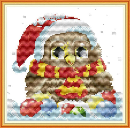 Funcrostitch Counted Cross Stitch Kits for Beginners,14ct Unprinted Pattern Embroidery Kit Dmc Cotton Threads Needleworks for Adults-Christmas Owl 9.8"×8.7"