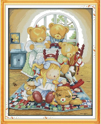 JOYSEWING Cartoon Bear Stamped Kits Counted Cross Stitch Printed Embroidery Starter Kits for Beginners DIY Home Decoration Set Printed Pattern Canvas (Bear House(14CT) 16.14 ×19.69 inch)