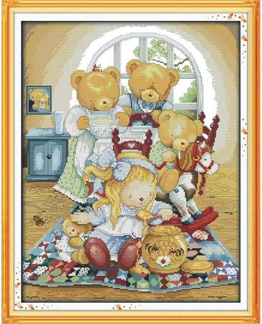 JOYSEWING Cartoon Bear Stamped Kits Counted Cross Stitch Printed Embroidery Starter Kits for Beginners DIY Home Decoration Set Printed Pattern Canvas (Bear House(14CT) 16.14 ×19.69 inch)