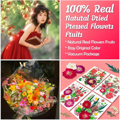 110 Pieces Dried Pressed Flowers Christmas Style Set, Real Flowers Fruits for Resin, Natural Flowers Kit for Crapbooking DIY Art Crafts, Epoxy Resin Jewelry Molds, Candle, Soap Making, Nails