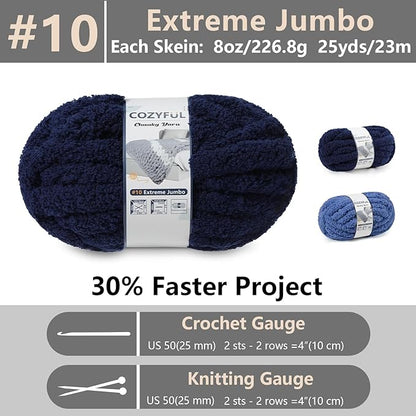 Chunky Yarn for Hand Knitting - #10 Chunky Chenille Yarn, Jumbo Big Thick Chunky Yarns for Crocheting, Super Bulky Chunky Knit Blanket Yarns, 8 Skein (25yd, 8oz/Skein), Country & Navy