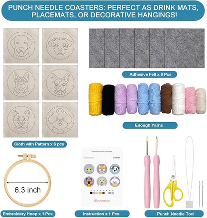 Punch Needle Coaster Kit for Adults Beginners, Easy Punch Embroidery Starter Set with Instructions – Fun Mug Rug Making Kit for Table Decor & Festival DIY Gifts (6pcs Cute Dogs)