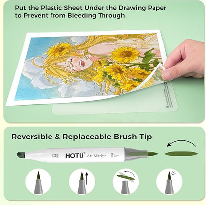 HOTU 120 Colors Alcohol Markers, Dual Tip Brush & Chisel for Adult Coloring Books No Bleed Alcohol-Based Art Markers Set with Case, Blender Anti-Bleed Pad for Illustration Sketching