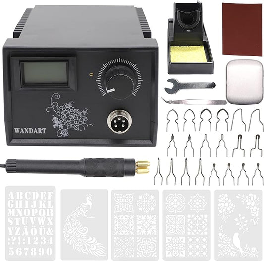 WANDART Professional Wood Burning Kit with One Pyrography Pen Single Wood Burner with 20 Wood Burning Tips with Case and 5PCS Stencils