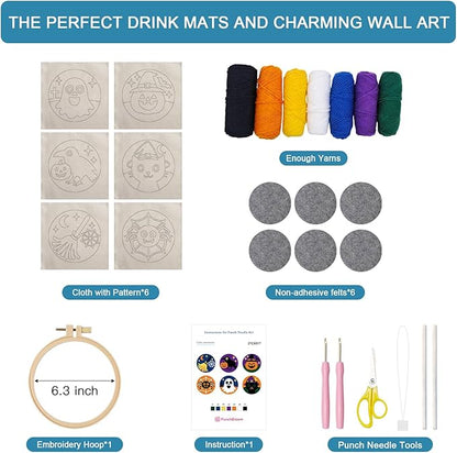 Halloween Punch Needl Kit for Adults Beginners, Easy Embroidery Punch Coaster Starter Set with Instruction – Fun Needle Point Craft for Table Decor & Festival DIY Gifts (6pcs Spooky)
