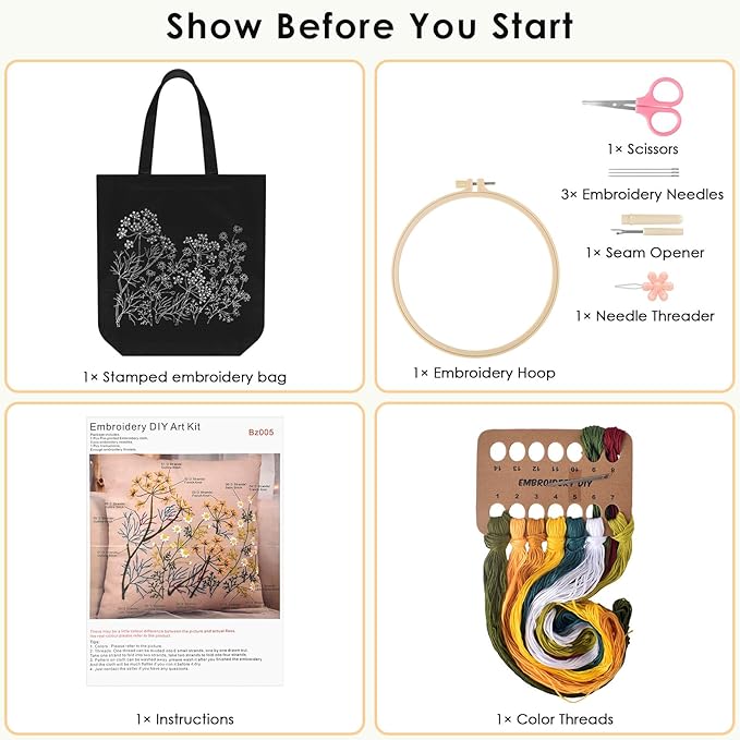 ERKOON Canvas Tote Bag Embroidery Kit for Beginners, Floral Arts Crafts Cross Stitch Kits for Adults Including Stamped Embroidery Bag with Hoops, Needle, Instruction and Color Threads(Chamomile)