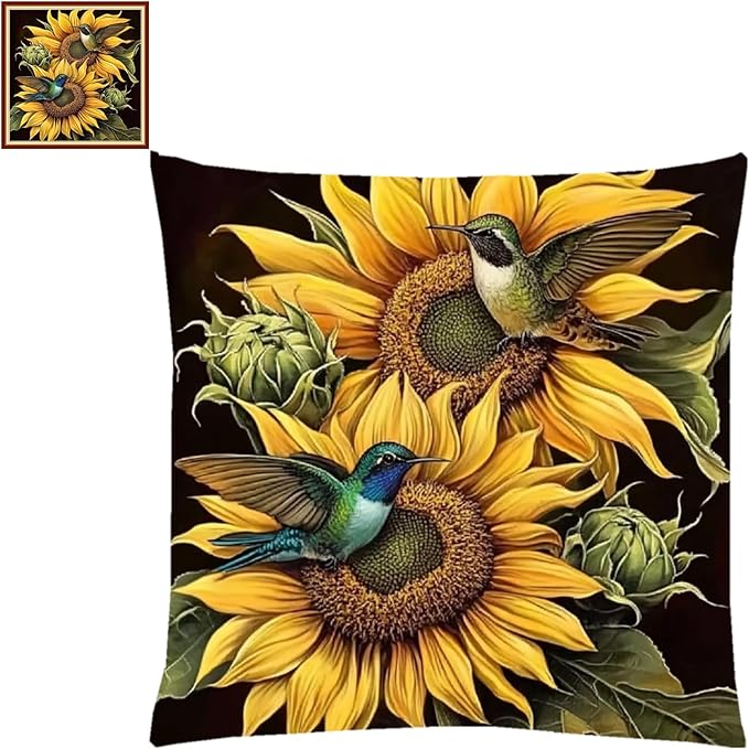 Lovxvouy Pillow Cross Stitch Kits for Adults Beginners-Preprinted Needlepoint Kit Stamped Crossstitching Kits 11CT Cross-Stitch Kit Stitches Kit Embroidery Kits-Bird Sunflower 18x18 inchs